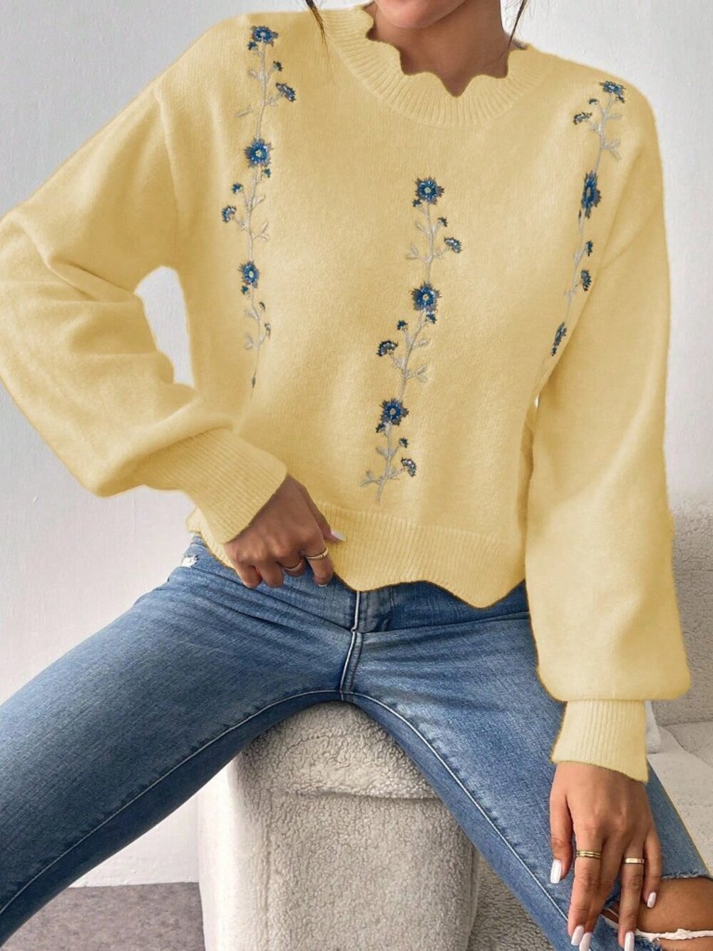 Yellow Casual Women's Loose Fit Floral Embroidered Sweater With Lace Collar